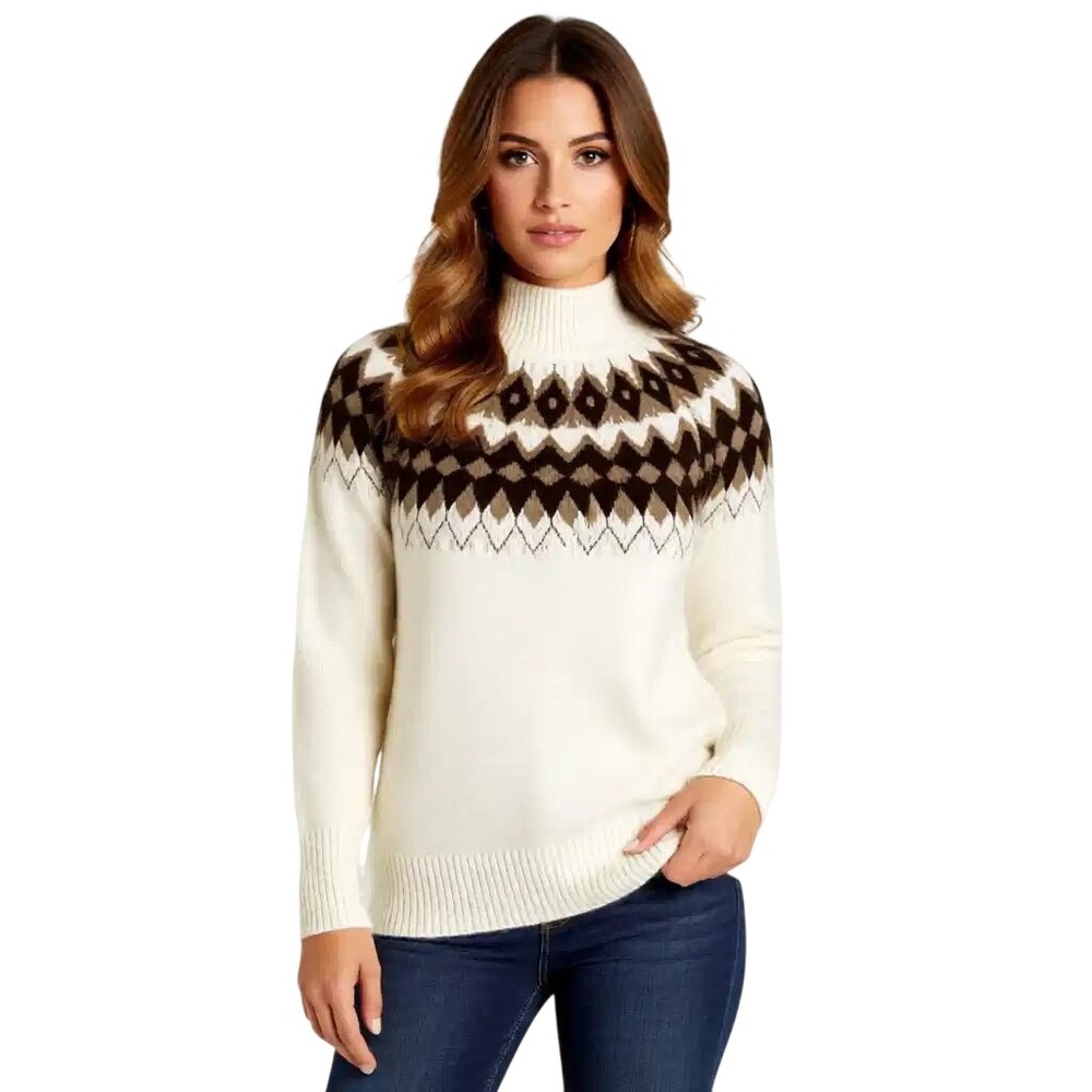 Jones New York $99 Signature Women Fair Isle Mock Neck Sweater Cream Brown S NWT